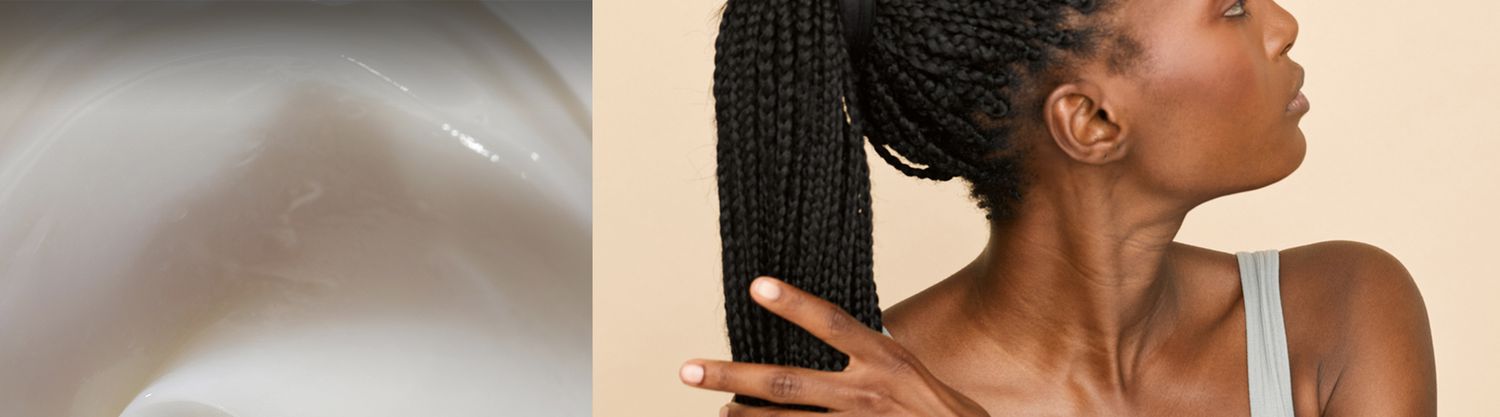 collage of swirled lotion and a woman turned from the camera brushing a hand through her hair