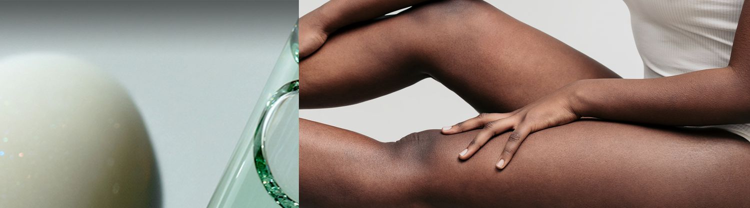 split image of lotion, oil and a persons legs stretched out