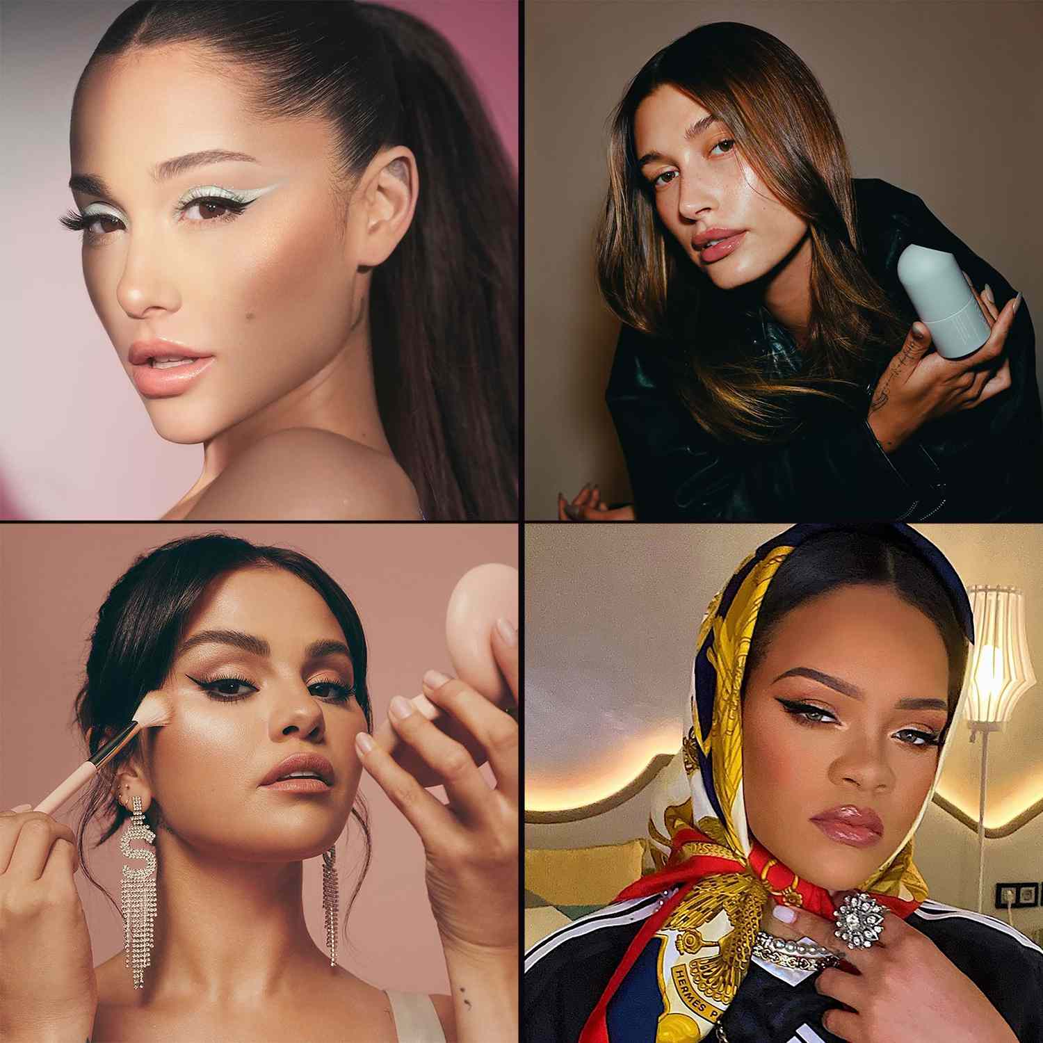 Clockwise from top left: Ariana Grande, Hailey Bieber, Rihanna, and Selena Gomez.