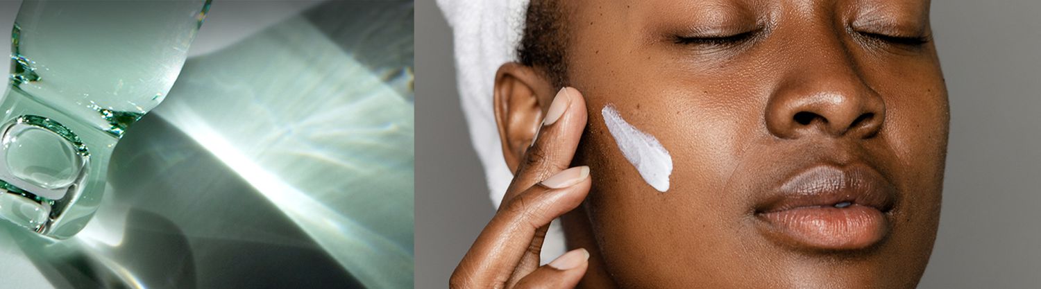split image of a vial of oil and someone putting a lotion on their face
