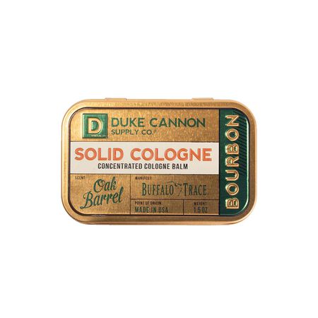 Duke Cannon Bourbon Solid Cologne in golden rectangular metal tin