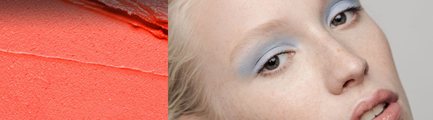 collage of a a makeup smear and a woman with light colored eye shadow