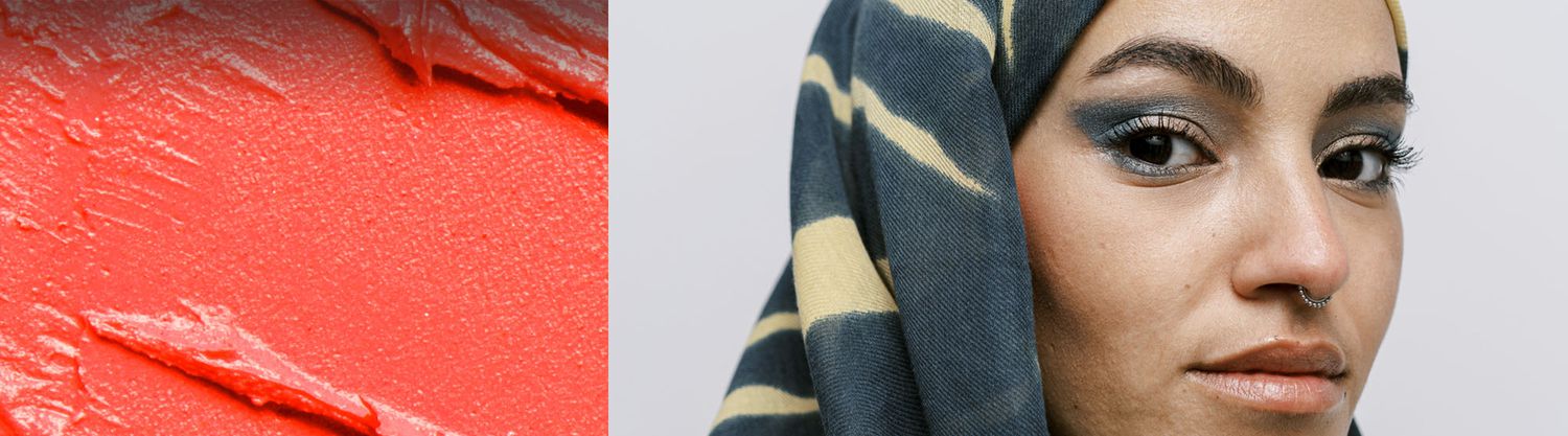 collage of a a makeup smear and a woman facing the camera