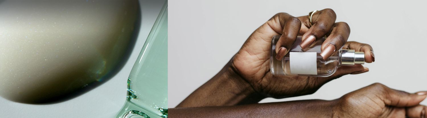 split image of some lotion, oil and someone spraying a fragrance on their wrist