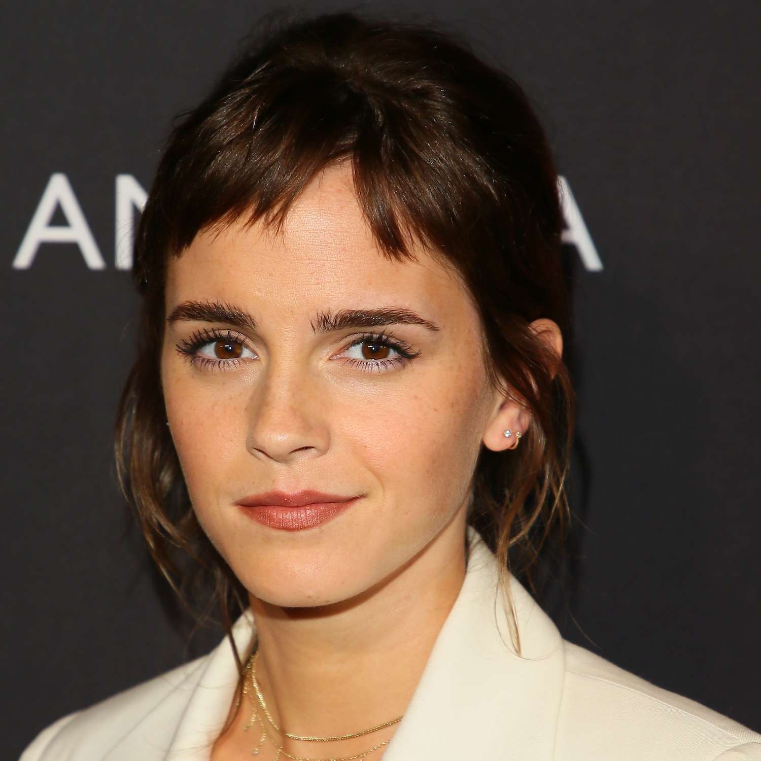 Emma Watson wears a low updo with baby bangs with split part