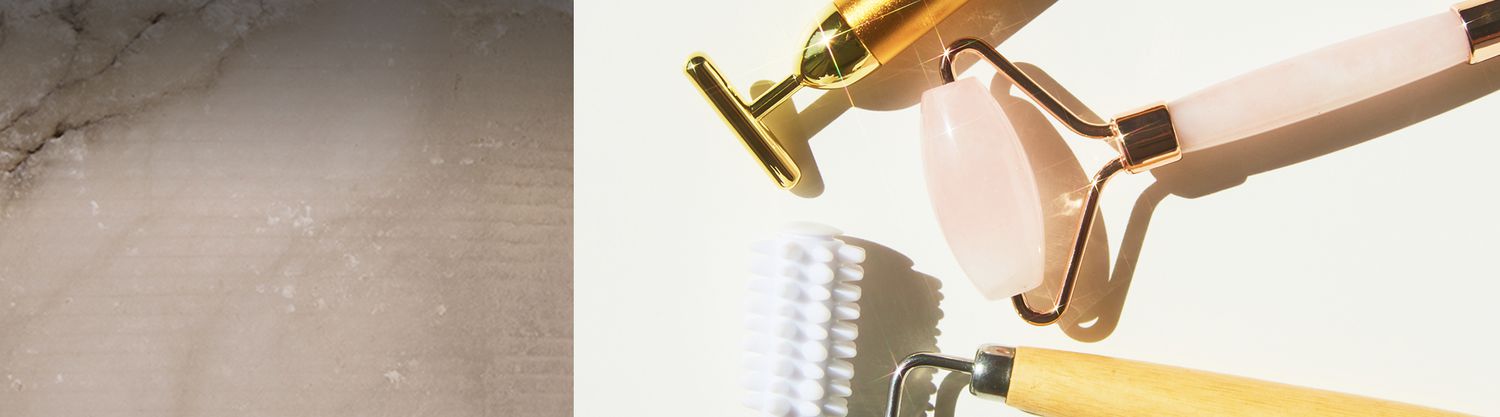 collage of a soap bar and face rollers