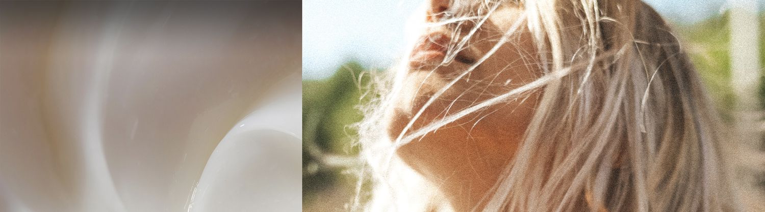 collage of swirled lotion and someone facing to the sky with the sun shining through their hair