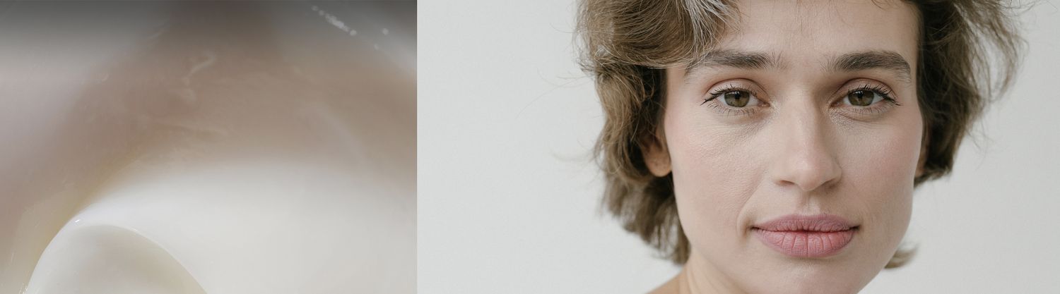 a collage of swirled lotion and a persons face looking into the camera with a short hair style