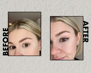 The author before, and after, applying the Haus Labs Eye-Lie-Ner.