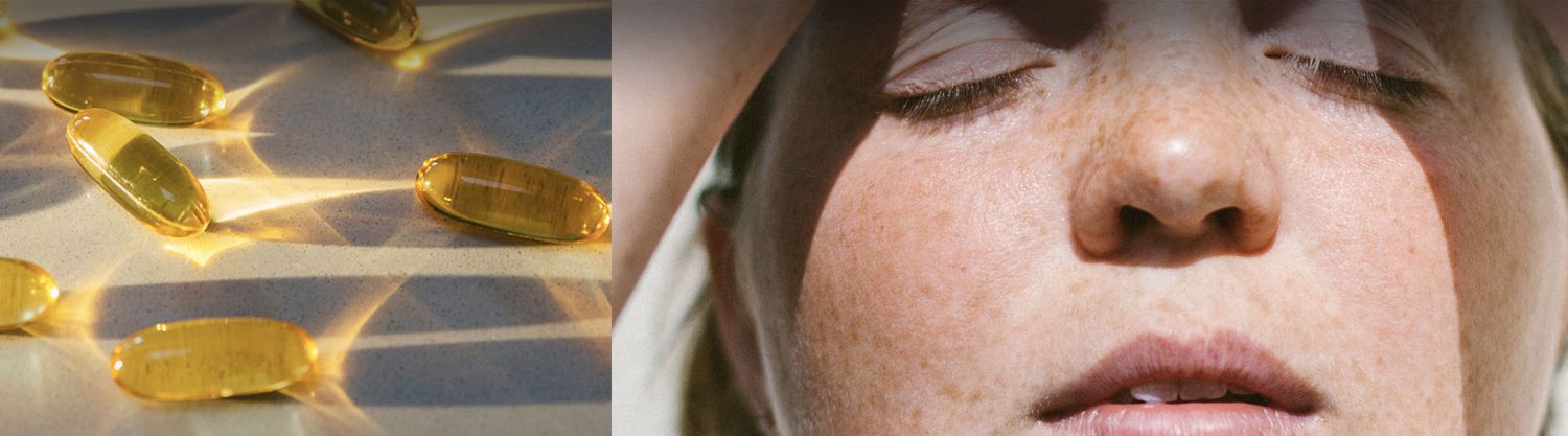 collage with an image of gelcaps and a persons face getting sunlight