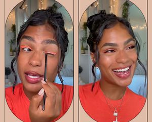 woman wearing LED eyeliner and an orange shirt 