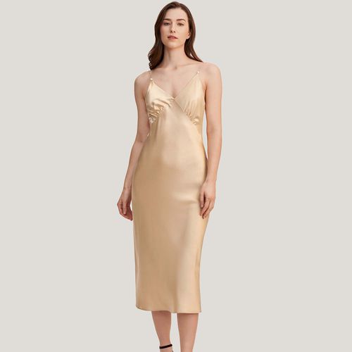 Elegant V Neck Silk Dress With Pearl ($109)