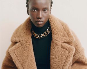 Model wearing Max Mara Teddy Bear Coat