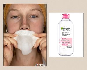 Split of woman trying micellar water foam hack and micellar water 
