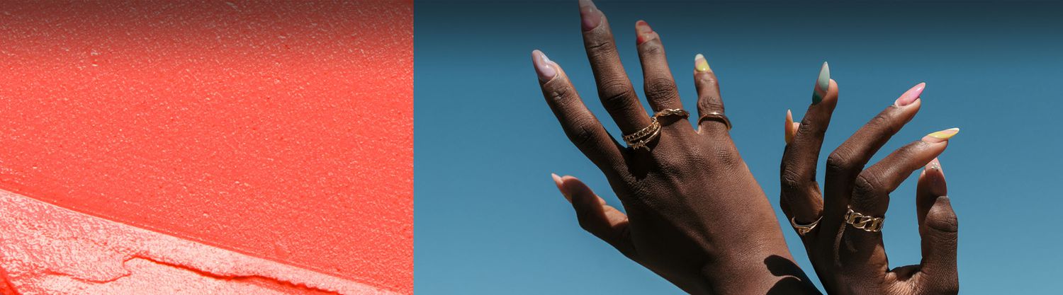 collage of a smeared makeup and an image of two hands with painted fingernails
