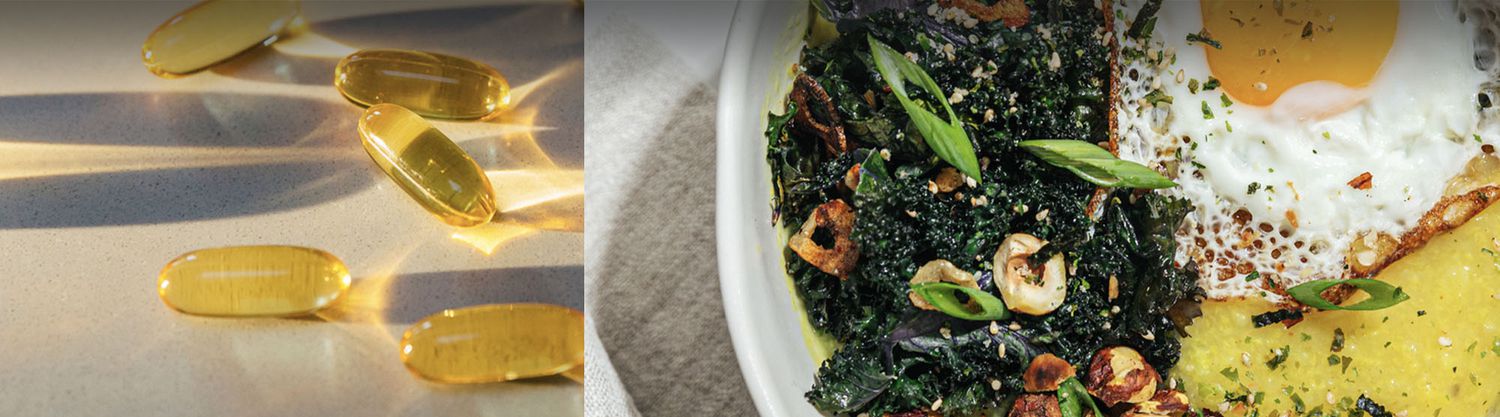 collage of gelcaps on a table and a bowl of healthy foods