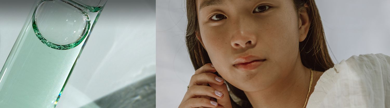 a split image of oil in a vial and a person facing the camera