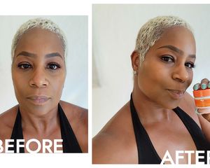 Byrdie writer Samantha Hunter before and after applying the Origins GinZing Eye Cream