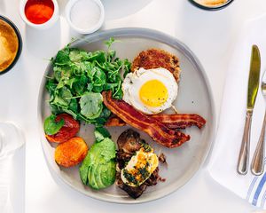 Healthy keto breakfast, directly above view