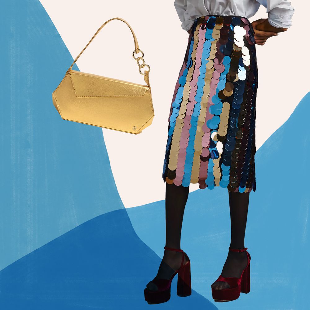 A gold shoulder bag, and a sequin midi skirt