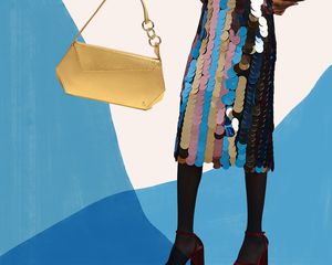 A gold shoulder bag, and a sequin midi skirt