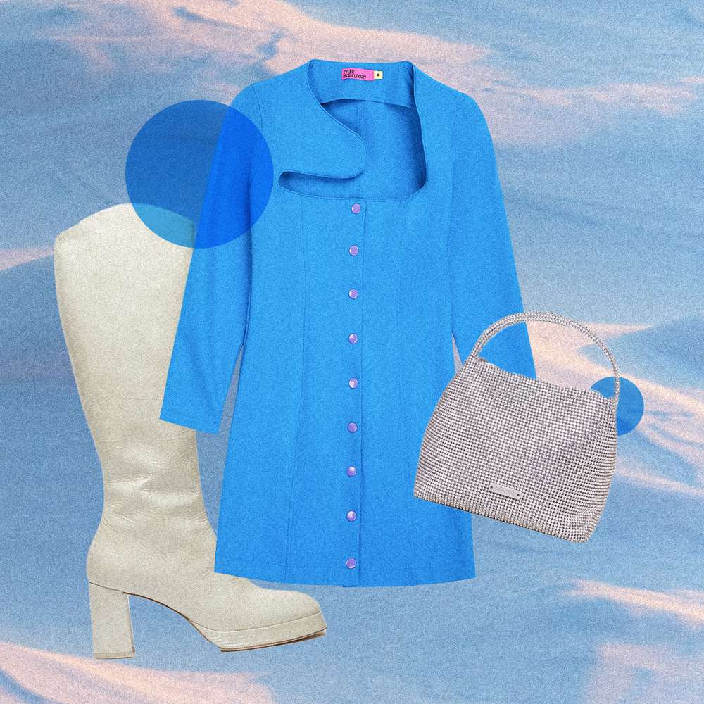 Blue long sleeve mini dress, silver rhinestone handbag, and white platform boots.