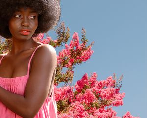 Woman in a flowy, feminine dress
