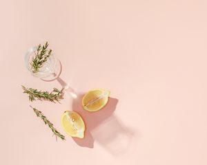 rosemary sprig and lemon on pink background