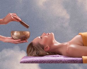 woman on table while a sound bath is being performed