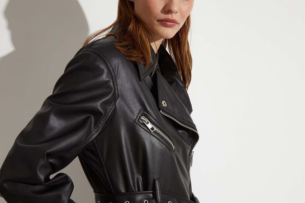 Model wearing vegan leather dress