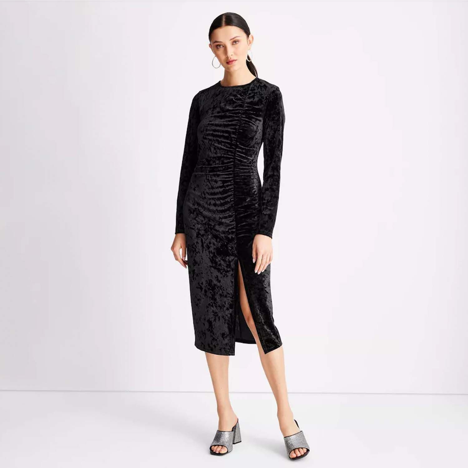 Women's Velvet Ruched Long Sleeve Open Back A-Line Dress