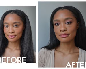 Byrdie writer Khera Alexander before and after doing eye makeup with Tarte's Maneater After Dark Palette