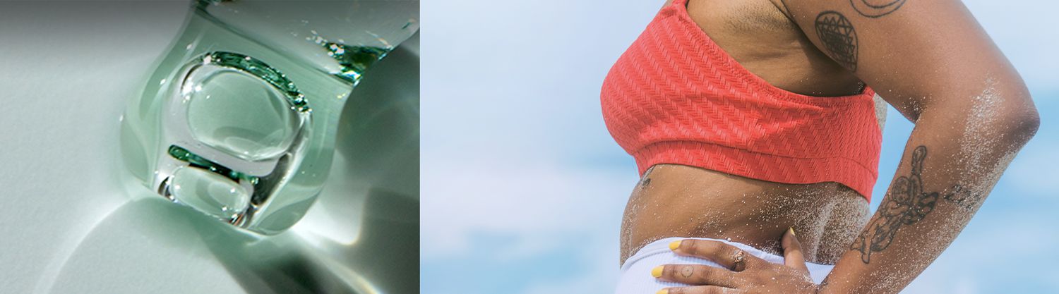 split image of an oil vial and a person with several tattoos