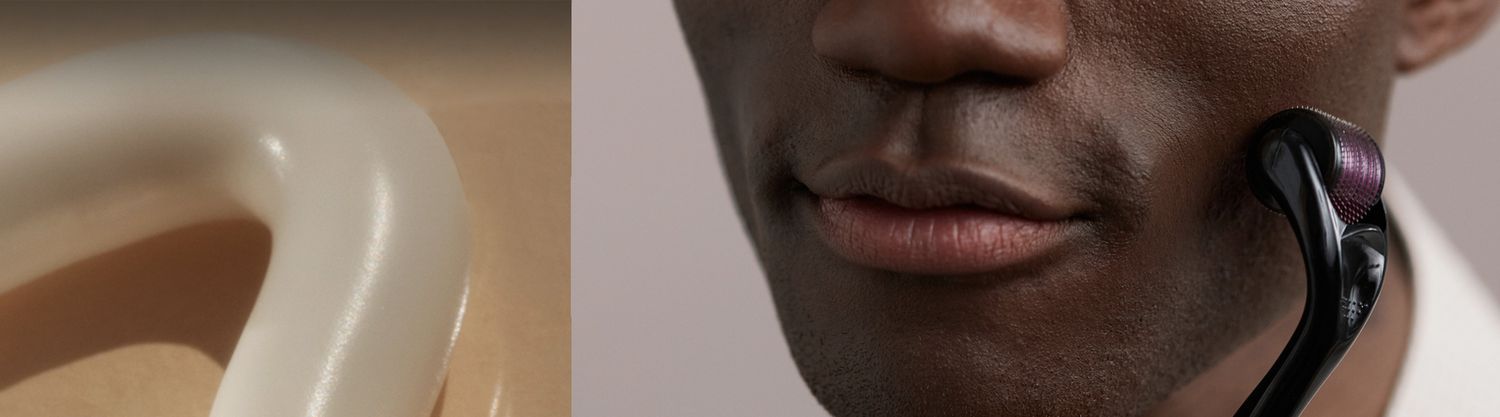 collage of lotion from a tube and a person using a face roller on their cheek