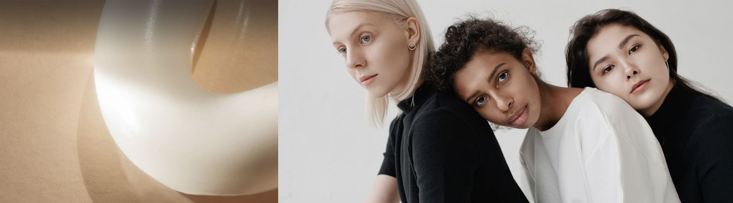 collage of lotion from a tube and three woman, two of which are resting their heads on the shoulder of another